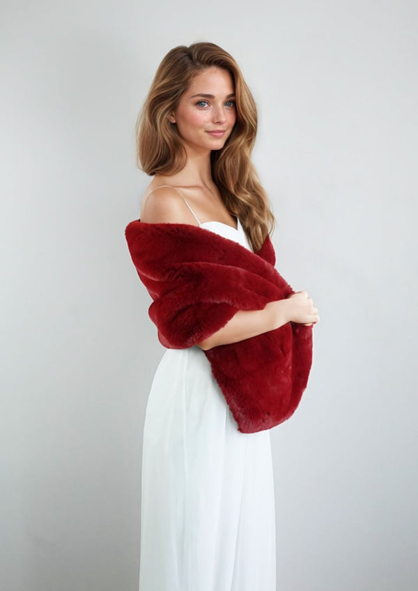 Red Bridal Fur Shawl with Fleece Lining (Audrey Red05)