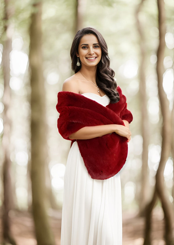 Red Bridal Fur Shawl with Fleece Lining (Audrey Red05)